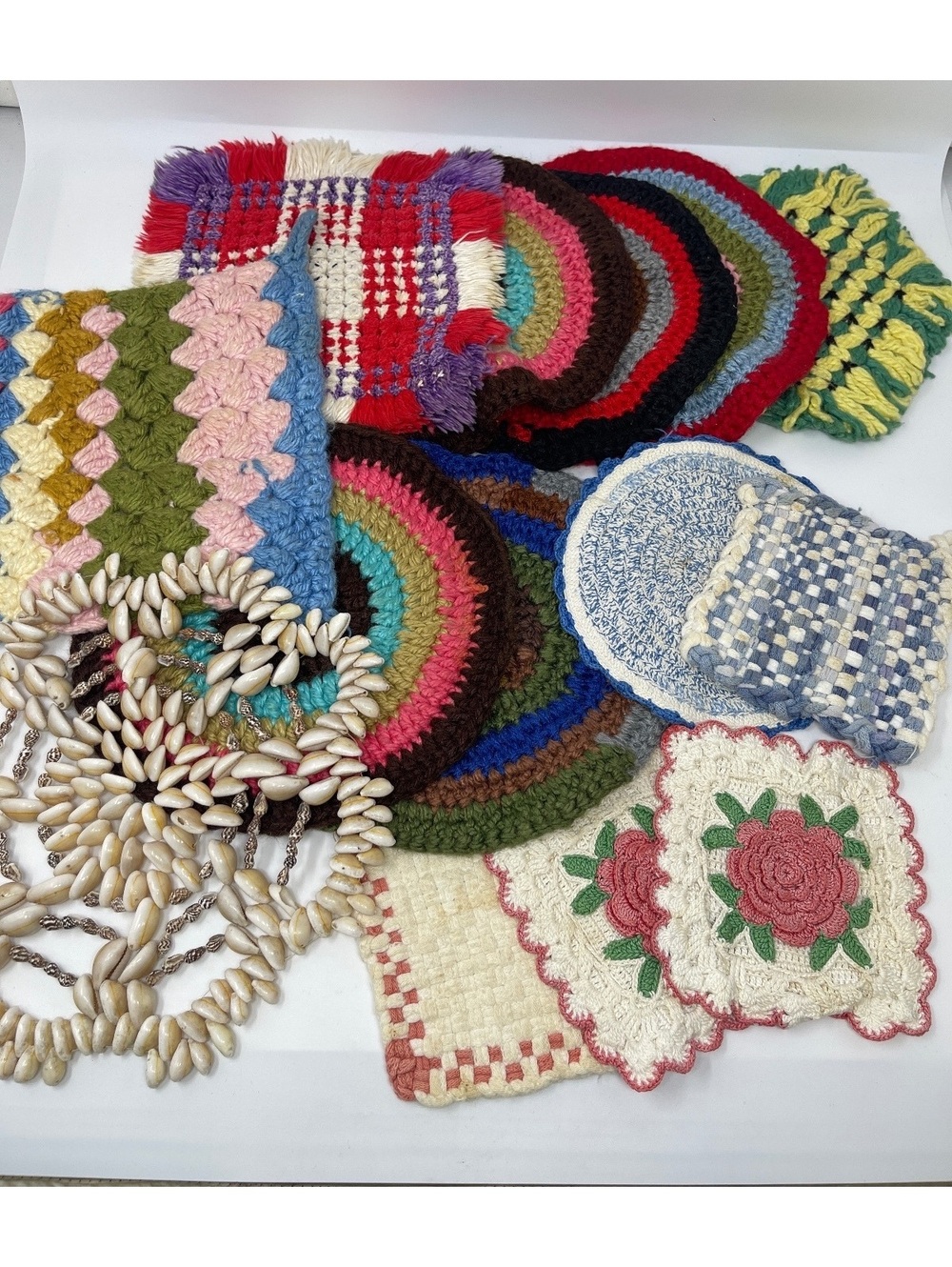 Vintage Pot Holders Handmade 1940’s 1960 Used Lot Of 14 Seashells Roses Knit